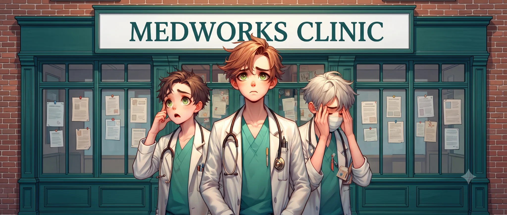 Tre giovani medici davanti all'ingresso della MedWorks Clinic